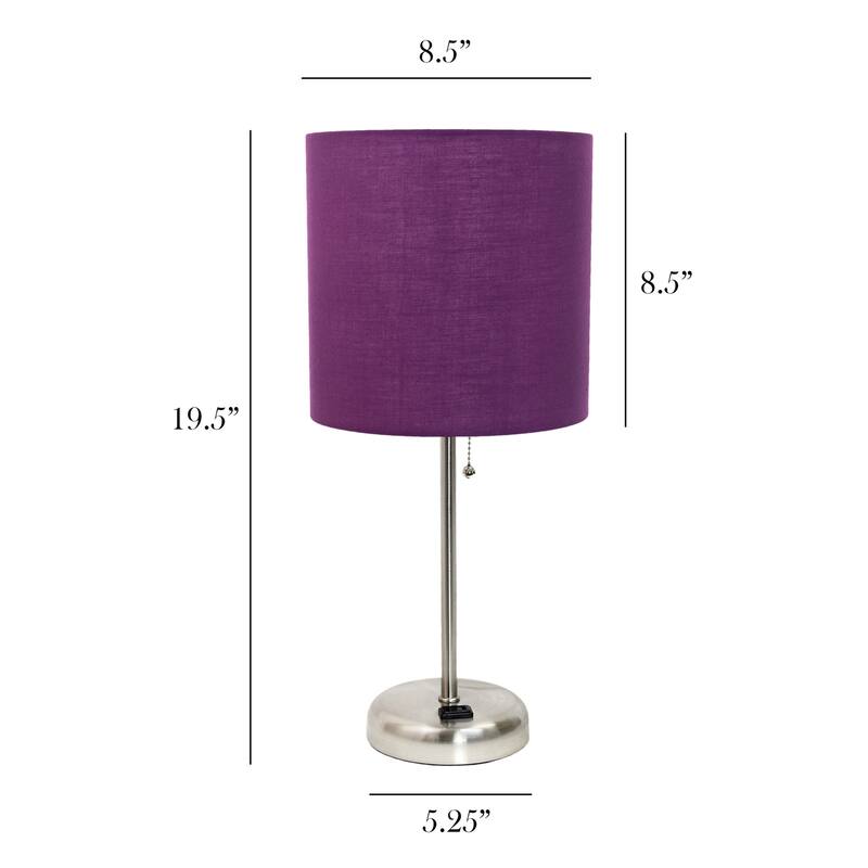 19.5 in. Brushed Steel Finish Table Lamp with Purple Shade, Sturdy Table Lamp for Living Rooms and Bedrooms