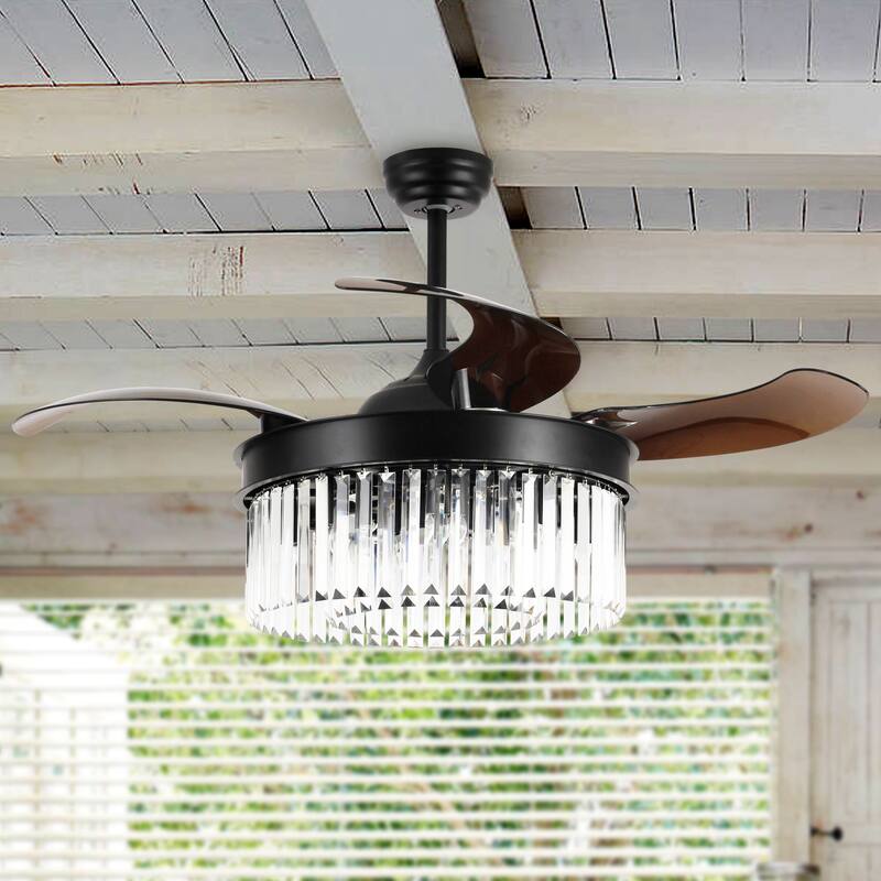 Modern 42 inch Black Crystal Retractable Ceiling Fan with Light Kit and Remote Control - 42 inches D x 14.5 inches H