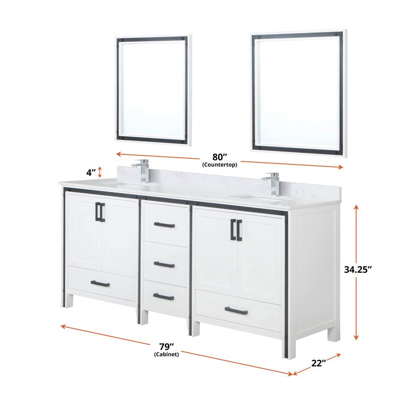 Ziva 80 in W x 22 in D White Double Bath Vanity and White Quartz Top