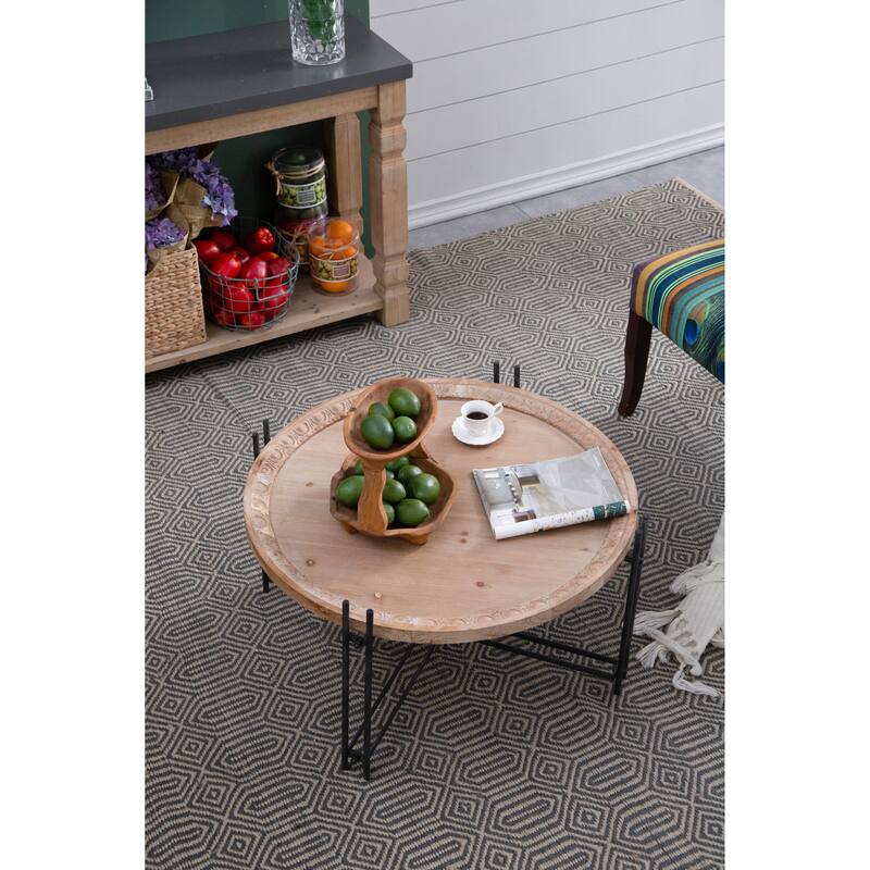 GDFStudio- Farmhouse Round Coffee Table with Natural Wood Top and Black Metal Pin Legs - 33.7"