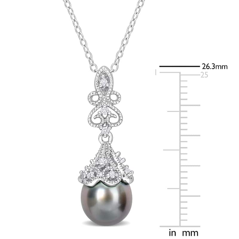 Miadora 8-8.5mm Black Tahitian Cultured Pearl 1/8ct TGW White Topaz Pendant Sterling Silver