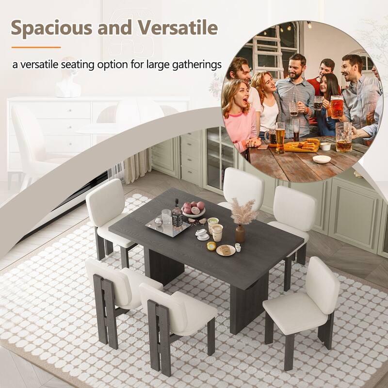 7-Piece Wood Kitchen Dining Table Set, Unique Chair Legs, 1 Rectangular Table with Designed Trestle Base & 6 Upholstered Chairs