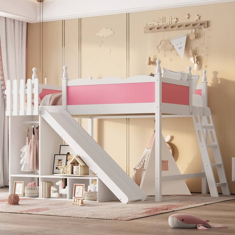 Full Loft Bed with Storage Shelves and Wardrobe, Solid Wood Loft Beds with Detachable Slide and Ladders, No Spring Box Needed
