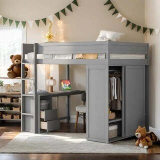 Wood Full Loft Bed with Wardrobes and 2-Drawer Desk with Cabinet, Gray
