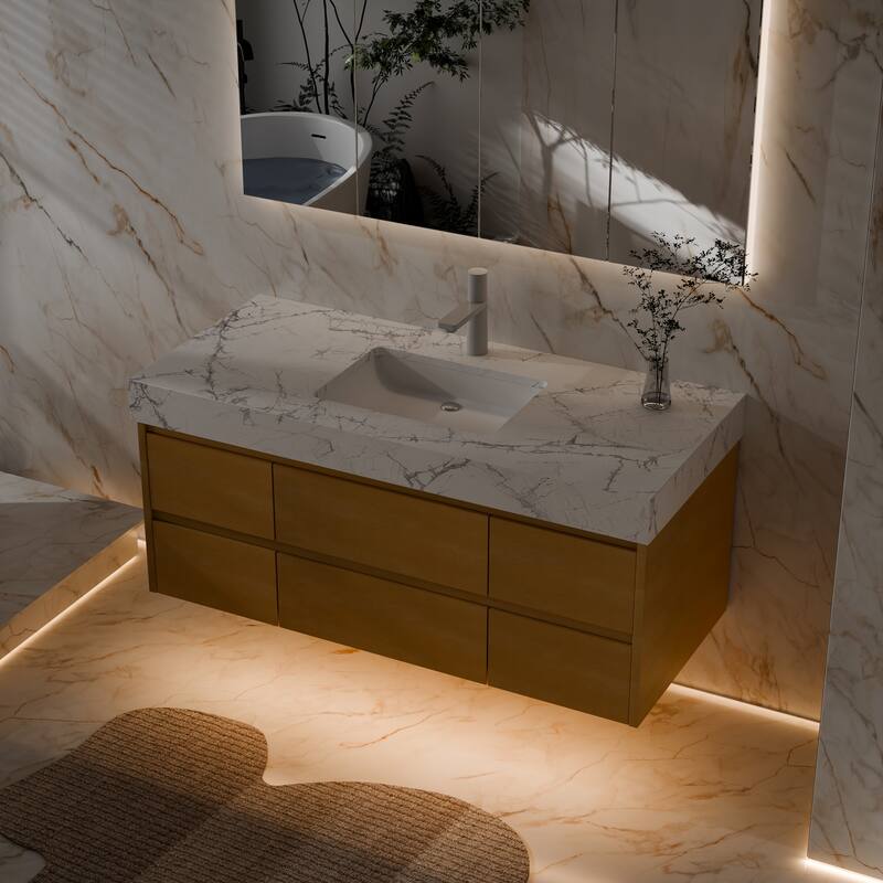 Modland 48" Wall-Mount Bathroom Vanity with 6 Soft-Close Drawers, LED Lighting & Marble Top - 48 inch