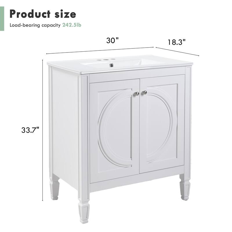 Bathroom Vanity with Ceramic Sink, Solid Wood Bathroom Cabinet, Storage Cabinet with 2 Soft-Close Doors & Adjustable Shelf