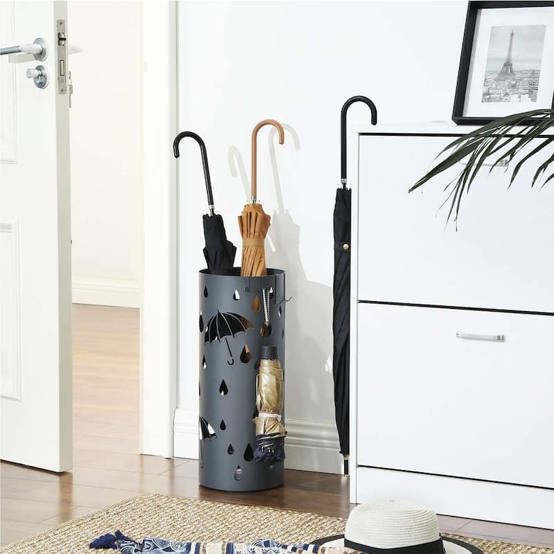Umbrella Holder with Removable Drip Tray and Hooks Metal Storage Rack for Entryway or Hallway