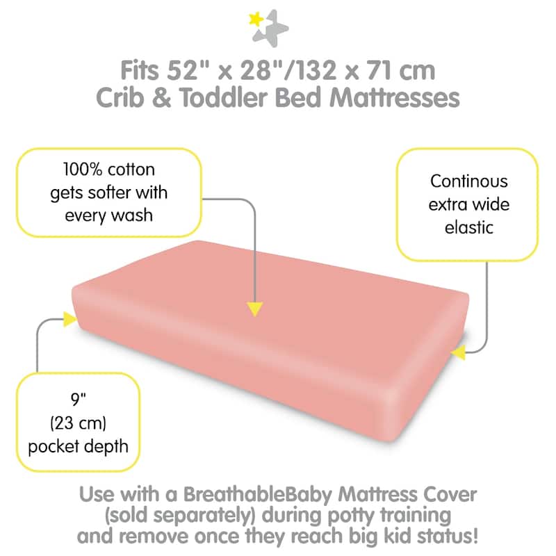 BreathableBaby Cotton Percale Fitted Sheet, For 52" x 28"/132 x 71 cm Crib & Toddler Bed Mattress, Solids (2-Pack)
