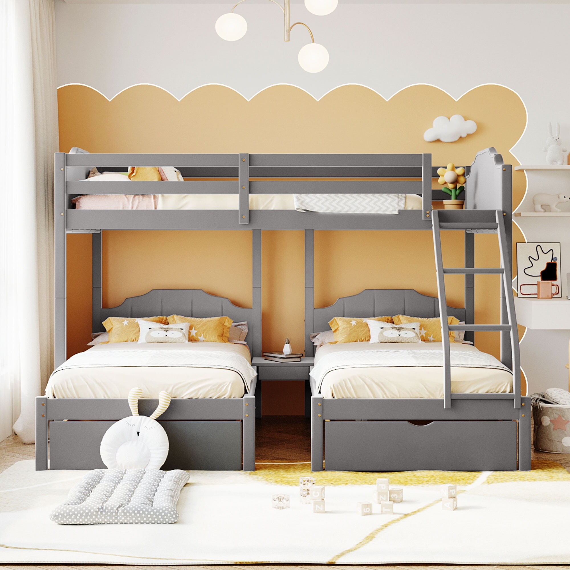 Full Over Twin & Twin Bunk Bed, Velvet Triple Bunk Bed with Drawers and ...