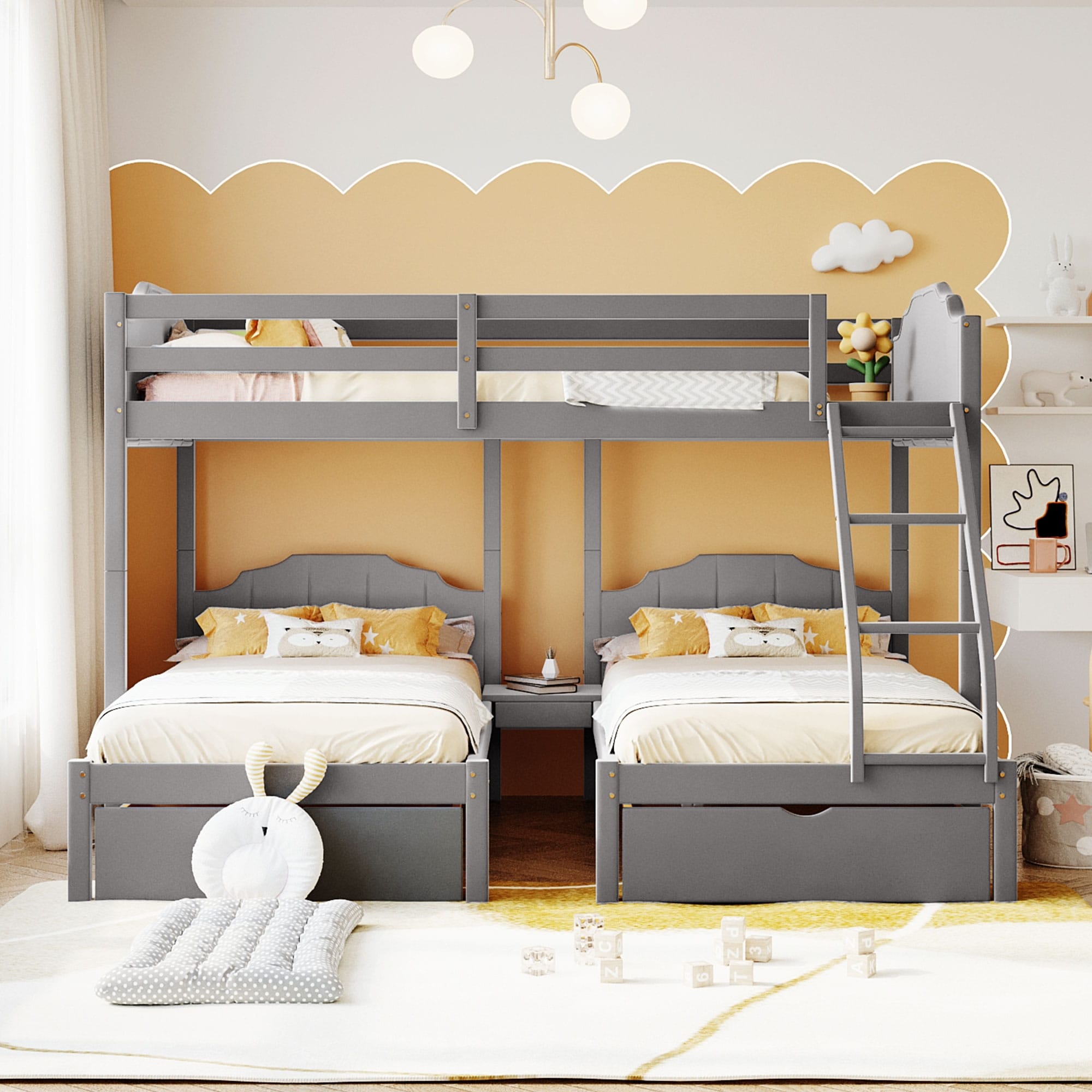 Triple Bunk Bed with Drawers Full Over Twin Twin Velvet Bunkbed