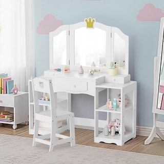 Kids Vanity Table And Chair Set, 2 In 1 Girls Vanity Storage Cabinet W/Tri-Folding Mirror - N/A