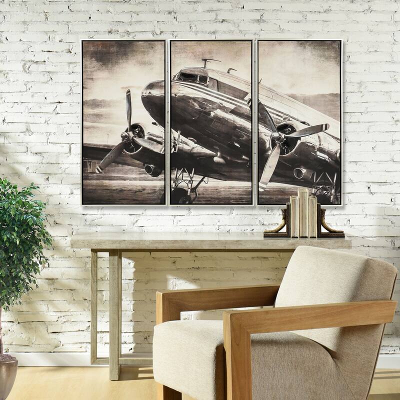 StyleCraft Vintage Airliner Hand-Embellished Framed Canvas Wall Art - 50" x 32" - Set of 3
