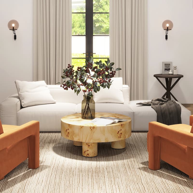 Nebula 35.5" Burl Wood Round Coffee Table with Pillar Legs