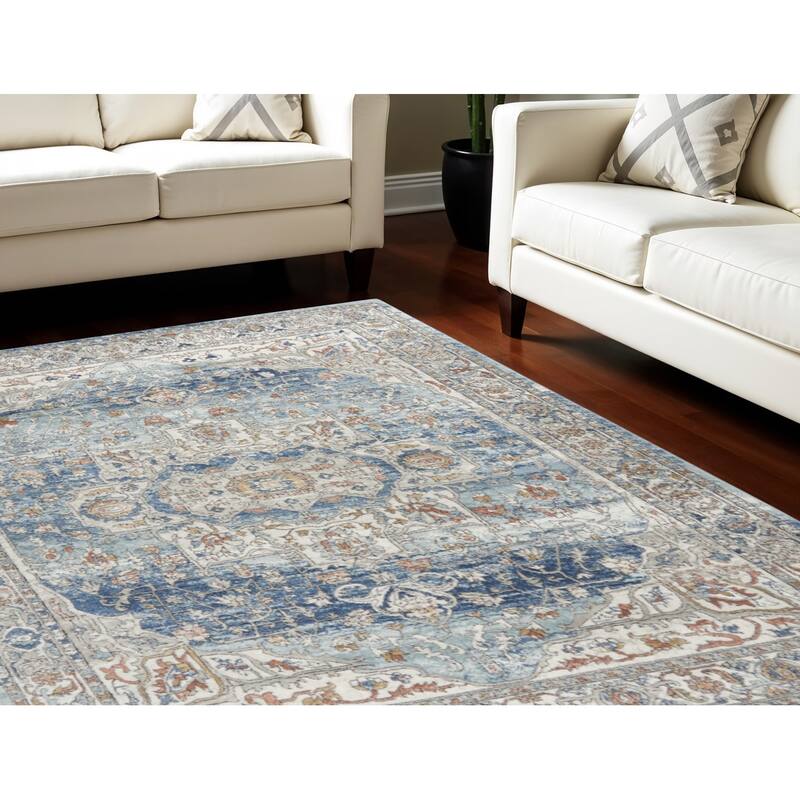 Power Loomed Distressed Traditional Area Rug - 114' X '79' X '0.32 - Oxford Blue - Rectangle