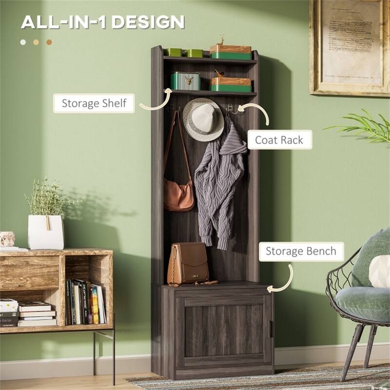 Modern Entryway Hall Tree with Bench Coat Rack Storage Cabinet and Adjustable Shelves - 23.5" W x 15.25" D x 72" H