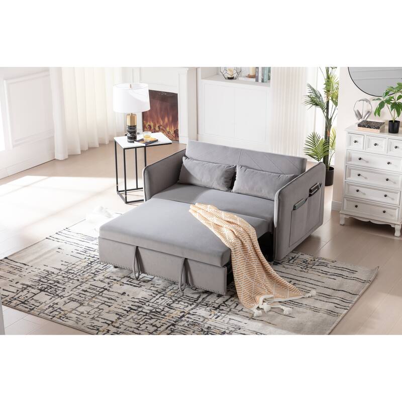 3 in 1 Convertible Sleeper Futon Sofa Bed, 55" Loveseat Lounge Couches with 2 Pillows, USB Ports & Side Pockets