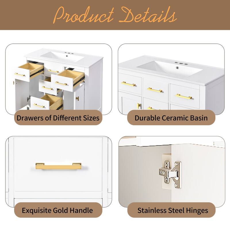 36'' Storage Cabinet for Bathroom Vanity with Ceramic Sink, 4 Drawers, 2 Cabinets and Gold Metal Handles, Freestanding Cabinet