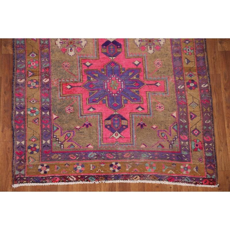 Handmade Ardebil Persian Vintage Runner Rug Geometric Wool Carpet - 3'11" x 10'7"
