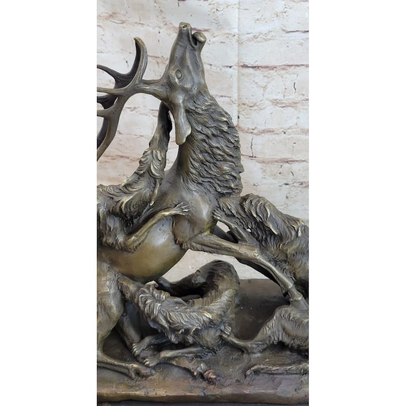 Elk Reindeer Attacked By Hunting Dogs Bronze Statue Sculpture Figure Barye 14 Inches X 16 Inches