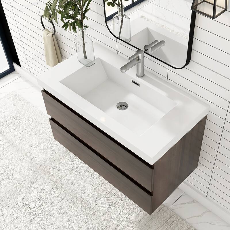 MDF Wall-Mounted Bathroom Vanity Set in Grey Oak with Integrated Culture Marble Sink