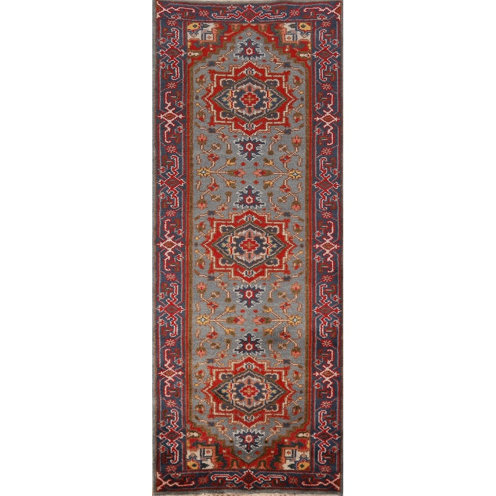Hand Knotted Oriental 100% Wool Carpet Traditional Geometric Greys & Charcoal Heriz (serapi) Runner Rug - 7' 11'' X 2' 7''