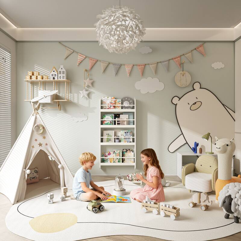 4-Tier Kids Bookshelf, Wall Mounted Kids Bookcases Organizer for Toys and Books