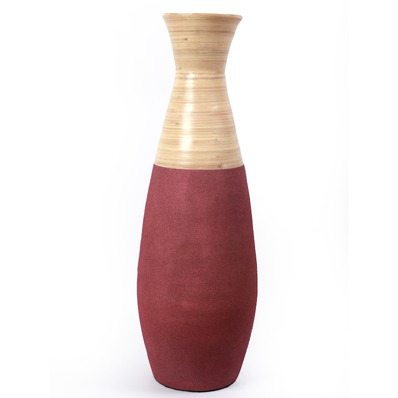 31.5 inch Tall Handcrafted Bamboo Floor Vase, Burgundy and Natural Finish, Decorative Accent, Large Bamboo Floor Vase - Single