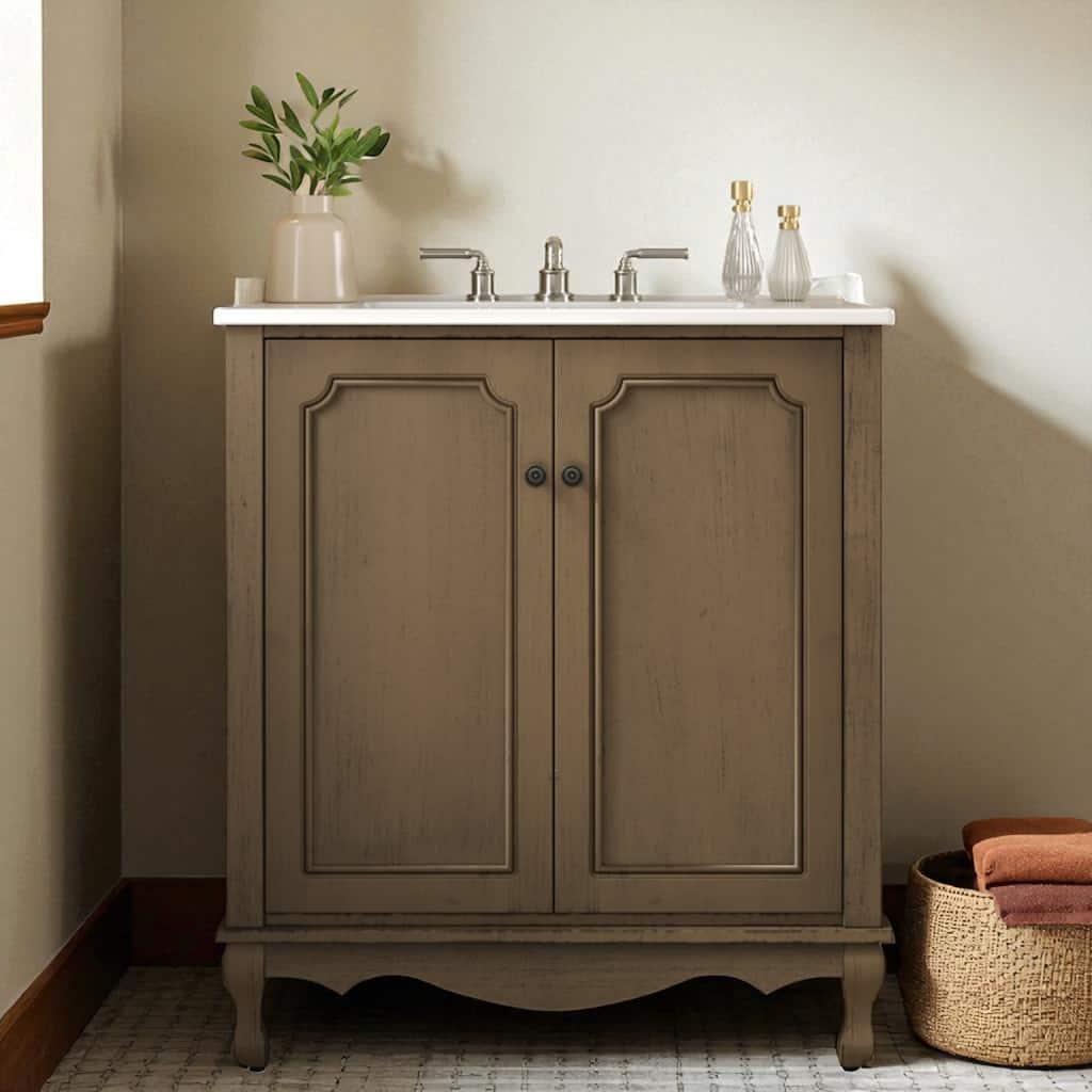 30" Vintage Bathroom Vanity with Ceramic Sink, Antique Brown Cabinet with Adjustable Shelves & Solid Wood Legs