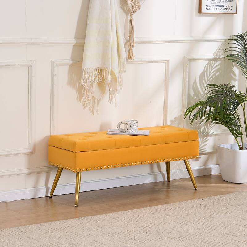 Velvet Storage Ottoman Bench with gold legs and Nailhead Trim for Bedroom/End of Bed/Entryway/Window