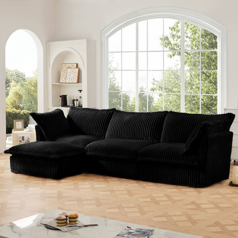 Modern 3 Seater Upholstered Sofa with 1 Ottoman and 2 Pillows