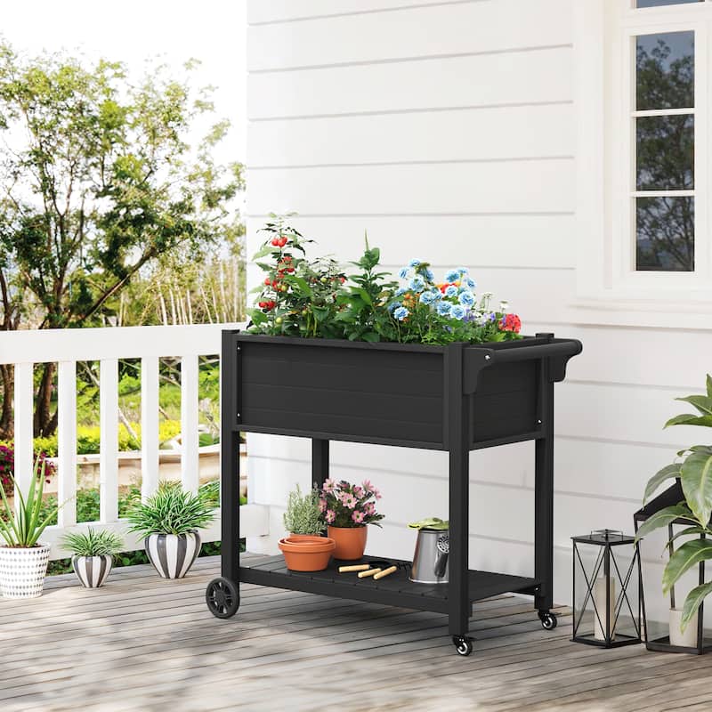 Outdoor Garden Bed Patio Plastic Raised Planter Box with Universal Wheels and Storage Shelf