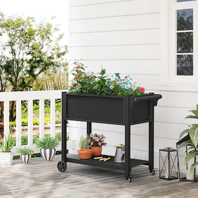 Outdoor Garden Bed Patio Plastic Raised Planter Box with Universal Wheels and Storage Shelf