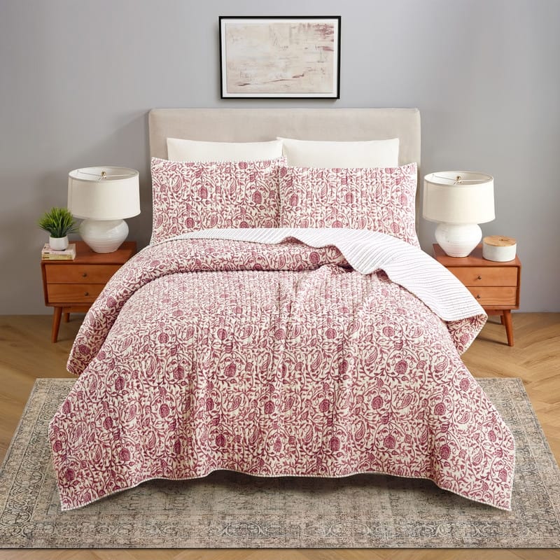 Eden Paisley Gauze 3-Piece Reversible Quilt Set - King - Burgundy Purple