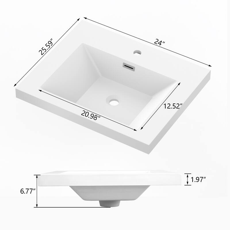 Integrated Resin Bathroom Sink, Modern Square Basin with Overflow, Seamless One-Piece Design - 24"