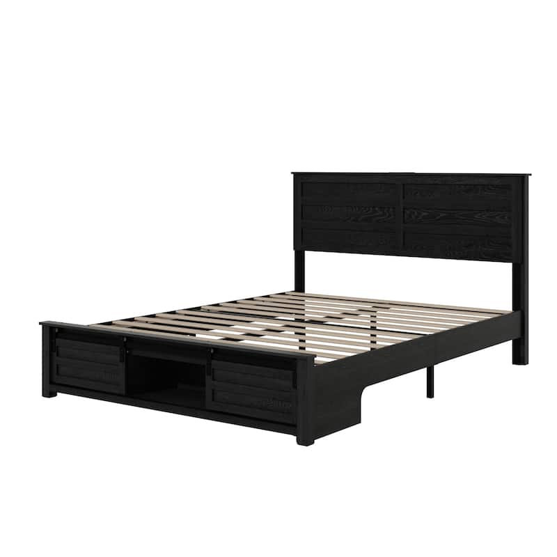 Storage Platform Bed Frame with Touch Light Charging Station Headboard and Endbed Storage Space, Velcro Design Wood Slat Support