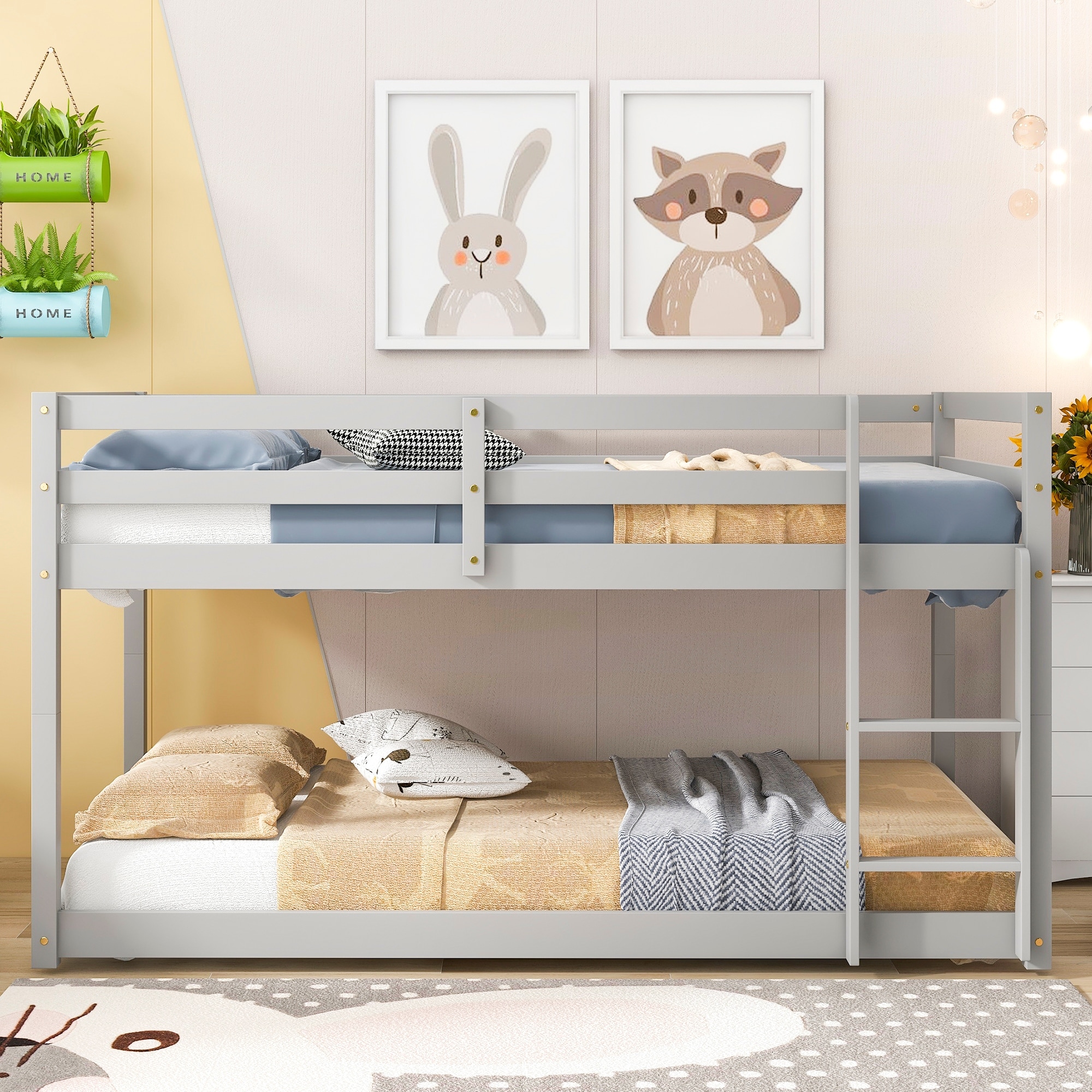 Twin Over Twin Low Height Floor Bunk Bed with Safety Guardrails, Grey