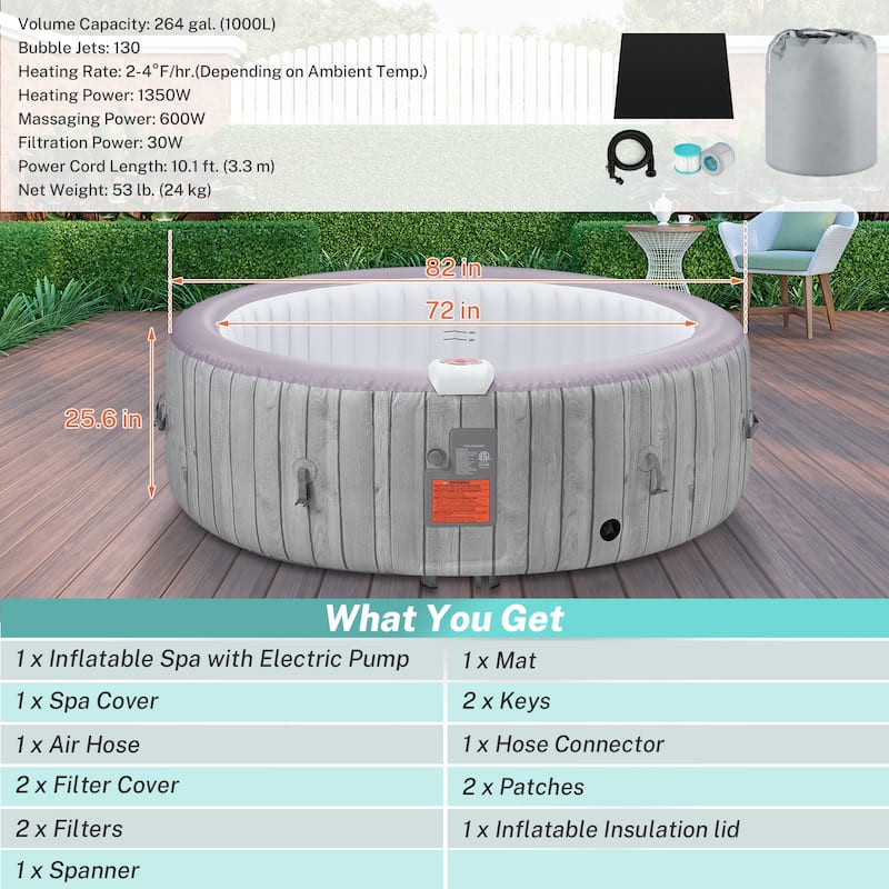 82''Inflatable Hot Tub w/Heating & Filters，Portable Hot Tub for Home Spa，6 Person Round Pool