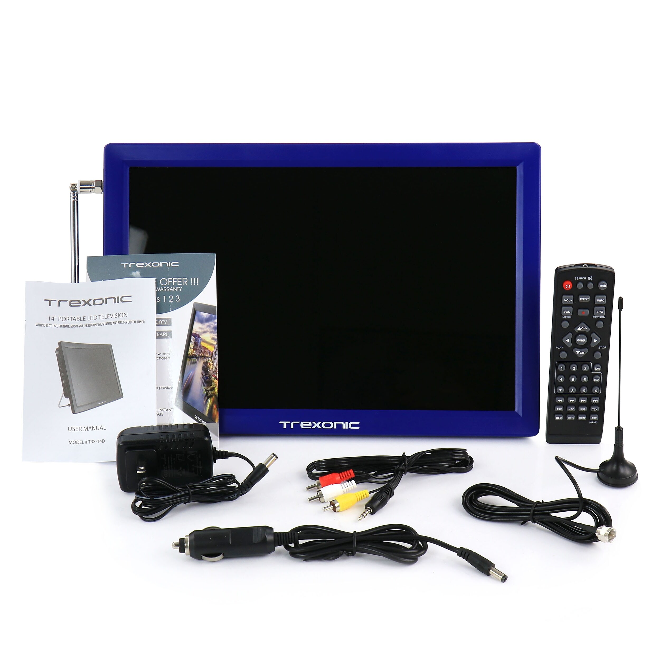 USB SD/MMC Trexonic Portable Rechargeable 14 LED TV with HDMI AV in/Out and Built-in Digital Tuner VGA 