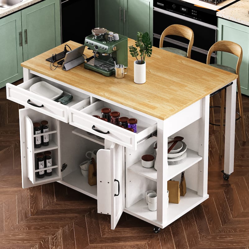 47" Kitchen Island with Extendable Table, Rubber Wood Veneer, Storage & Power