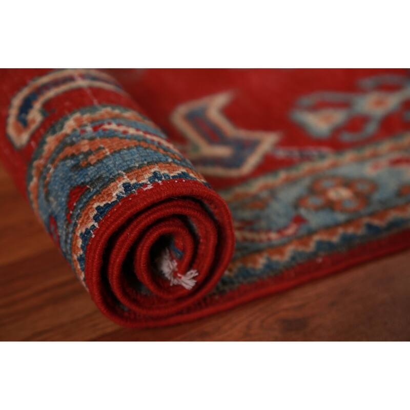 Red Geometric Kazak Rug Handmade Accent Wool Carpet - 2'0"x 3'0"