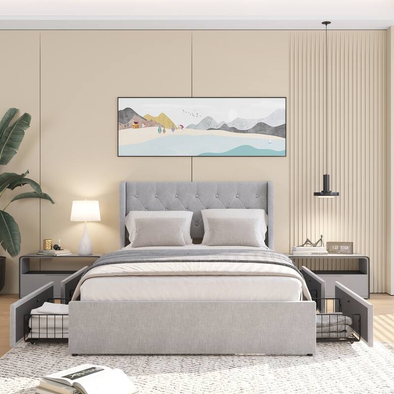 Luxurious Platform Bed with Hidden Drawers and Stylish Headboard