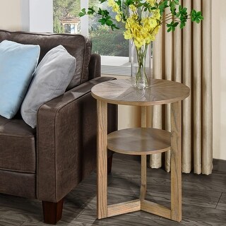 Rustic Round End Table with Storage Shelf, Solid Wood Farmhouse Side ...