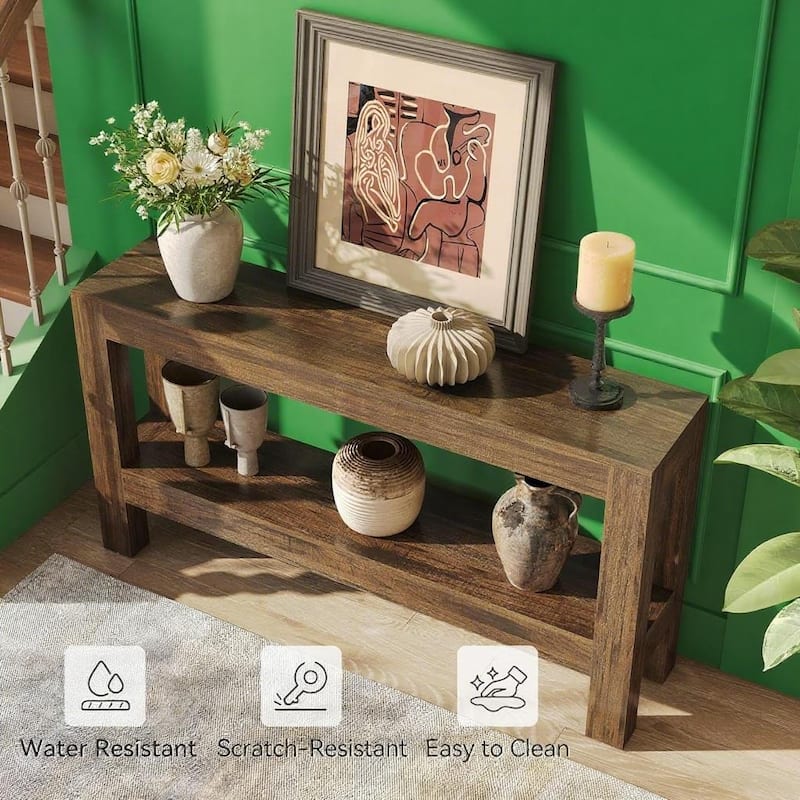 Brown MDF Console Table with 2-Tier Shelf and Rustic Entryway Design - 62.99” L x 13.78” W x 33.46” H