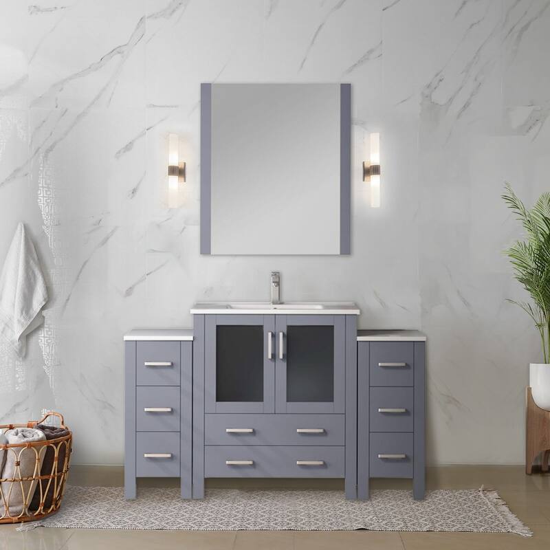 Lexora Volez 54 Inch Bathroom Vanity Cabinet in Dark Grey with Top and Mirror - Polished - Grey - Single Vanities