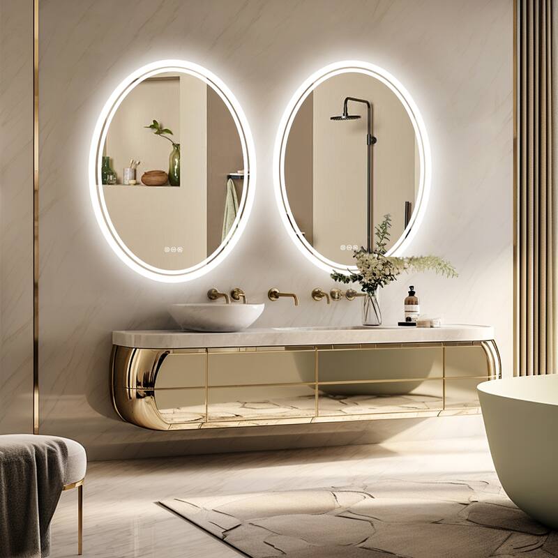 31.5” Oval Wall Backlit Bathroom Mirror Dimmable Makeup Mirror with 3 Lights, Anti-fog - 600x800mm