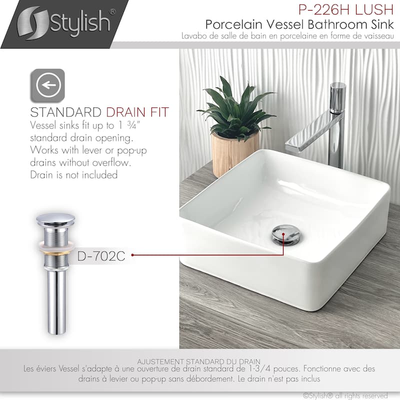 STYLISH 14 1/2 inch Square Porcelain Bathroom Sink - 14 1/2" x 14 1/2" x 5"