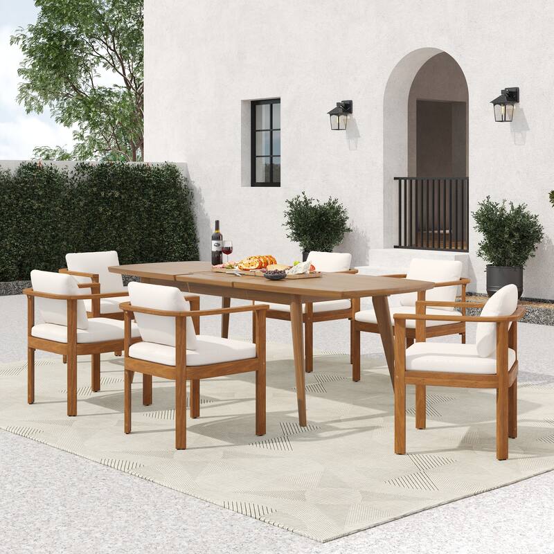 Christopher Knight Home - 7-Piece Outdoor Acacia Wood Dining Set with Curved Arm Chairs & 71" Expandable Dining Table - Teak Finish+Beige