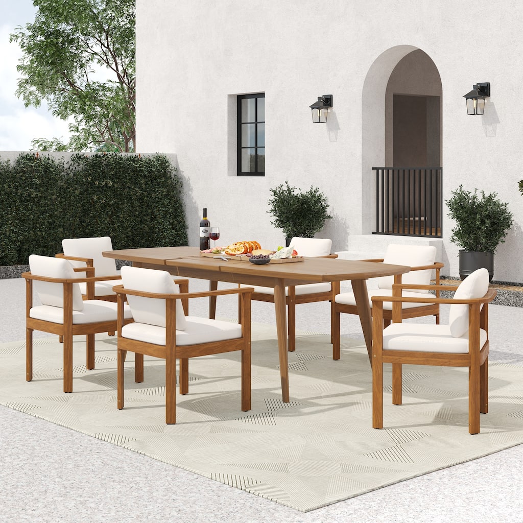Christopher Knight Home - 7-Piece Outdoor Acacia Wood Dining Set with Curved Arm Chairs & 71" Expandable Dining Table