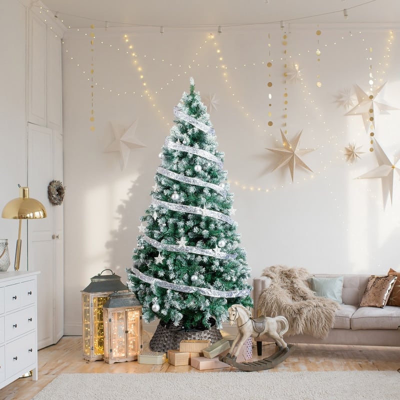 7.5 FT Artificial Snow Tipped Christmas Tree with DIY 350 Warm Lights Remote Control Silver Ribbon Ornaments - 7.5 ft - 7.5 Foot