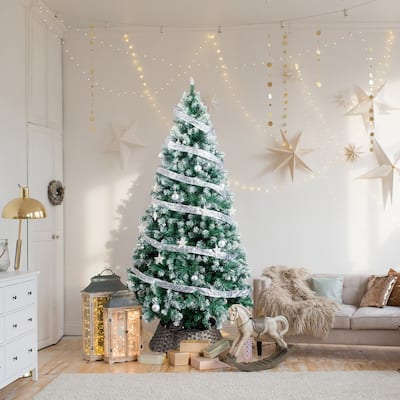 7.5 FT Artificial Snow Tipped Christmas Tree with DIY 350 Warm Lights Remote Control Silver Ribbon Ornaments - 7.5 ft